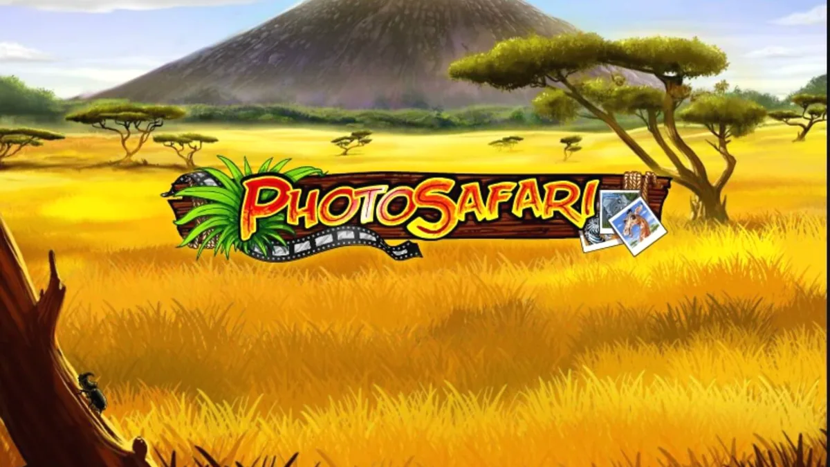 Cena vibrante de um safári africano com animais selvagens em um estilo de arte cartunesca no jogo Photo Safari.