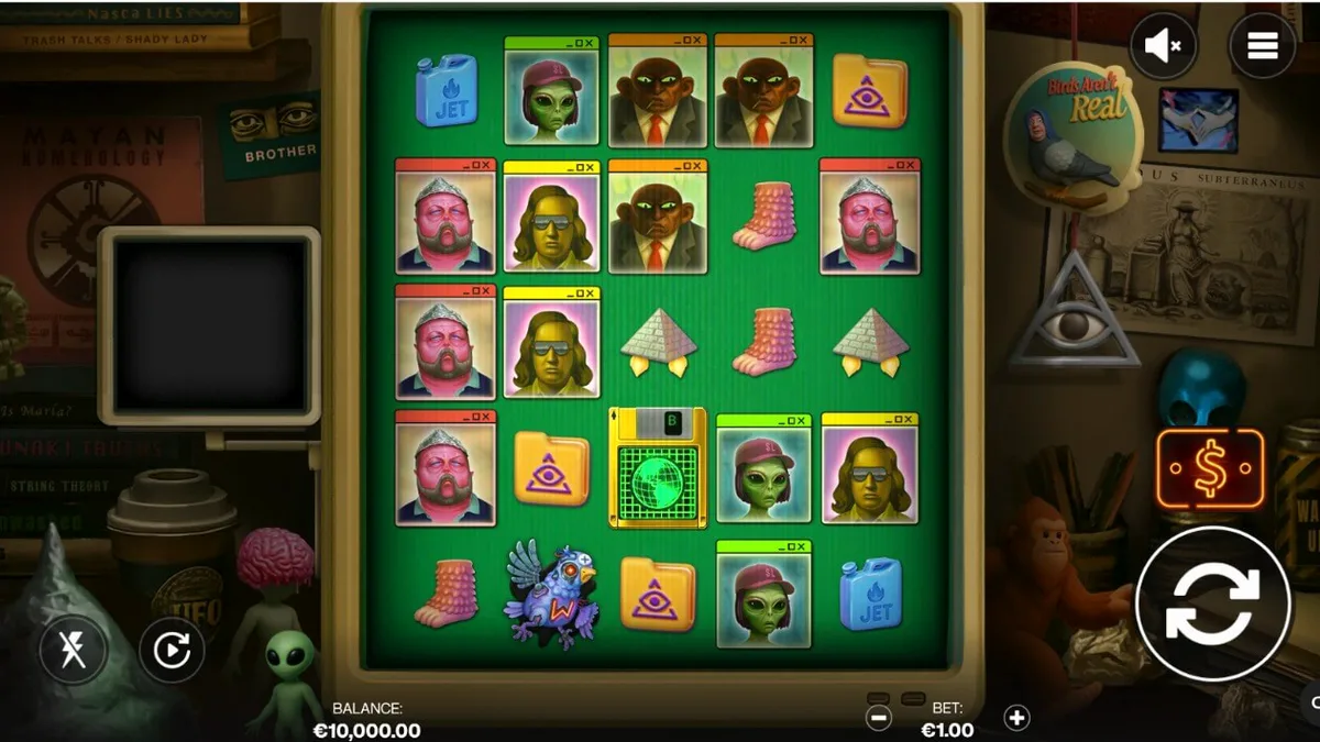 Interface do jogo de slot Truth com estética de computador retrô e tema de conspiração